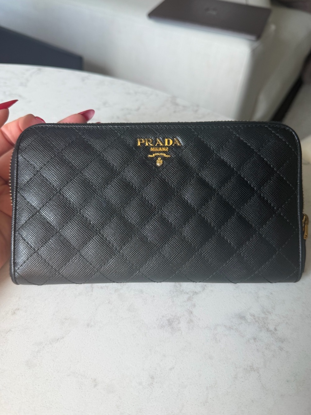 Authentic Prada Quilted Saffiano Leather Zip Around Wallet Black Gold Hardware